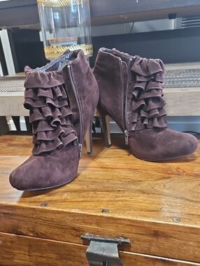 Fahrenheit Dark Brown Suede Ruffle Ankle Heels